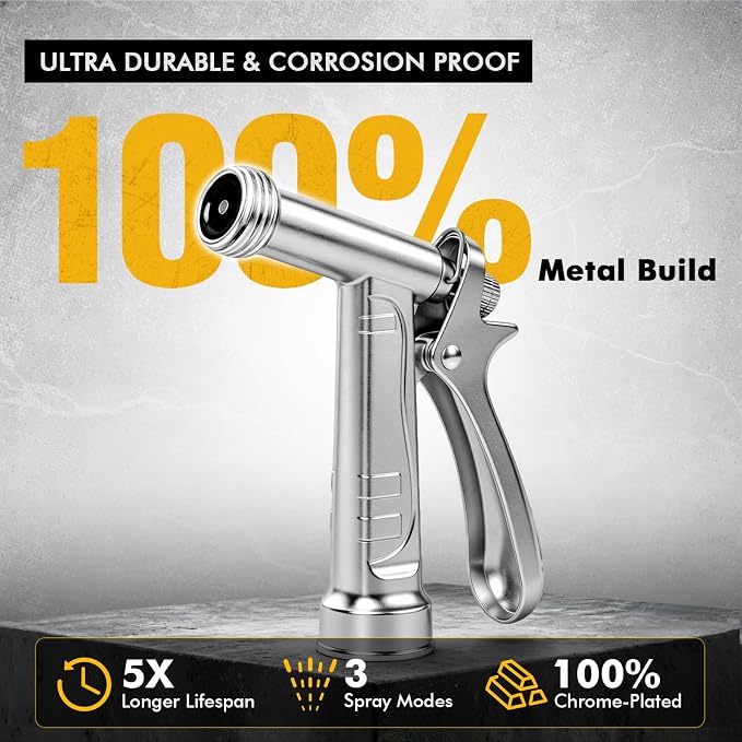 RESTMO 100% Metal Rust-Proof Chrome Plated Garden Hose Nozzle Heavy Duty | 5X Lifespan Zinc Alloy Pistol Grip Hose Sprayer Nozzle, Leak Proof, Threaded Front, Idea for Car Washing, Plant Watering