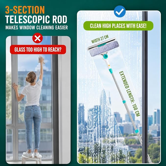 ORIXA U Shaped Window Cleaner for Outside Windows, Extendable Telescopic Pole with Rotatable Squeegee Head, Clean Exterior Glass from Inside, 2 Reusable Microfiber Cloths
