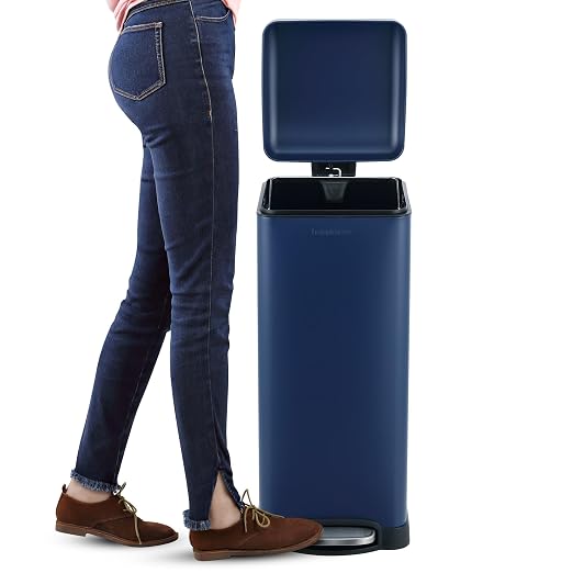 happimess Betty 8 Gal Step Trash Can Soft-Close Lid, Denim Blue | Removable Liner, Semi-Rectangular, Steel Pedal, Iron Powder Coated, 27" Height, Non-Skid Base