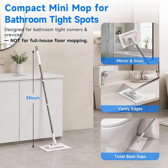 Mini Bathroom Spot Cleaning Mop, Lightweight Small Dust Mop | No-Touch Snap On Grip, Great for Tight Gaps, Fits Paper Towels, Face Cloths & Rags, Glide & Wipe Dirt, Water Stains, 5 Pads