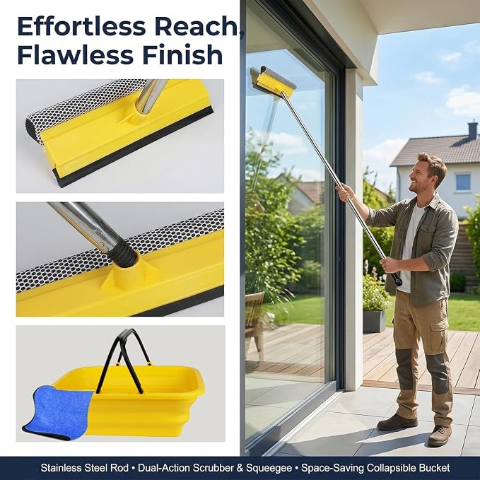 Window Cleaning Kit with 10L Collapsible Bucket | Includes a 56-inch windshield squeegee for car, home and outdoor window cleaning