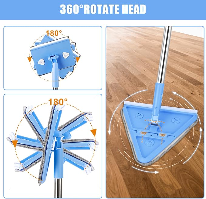 CALBEAU Baseboard Cleaner Tool with Handle, Wall Mop with Squeegee, 8 Pads | 86" Extension Pole, Swivel & Foldable Head, 8 Reusable Pads for Baseboard, Wall, Ceiling, Window, Floor, Light Blue