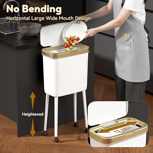 Procade 4 Gallon Bathroom Trash Can on Wheels,Slim Rolling Gold Garbage Can | Tall Skinny Trash Bin with Legs and Pop-Up Lid,Dog Proof Trash Bin,White Plastic Garbage Bin for Near Desk,Bedroom,Kitchen