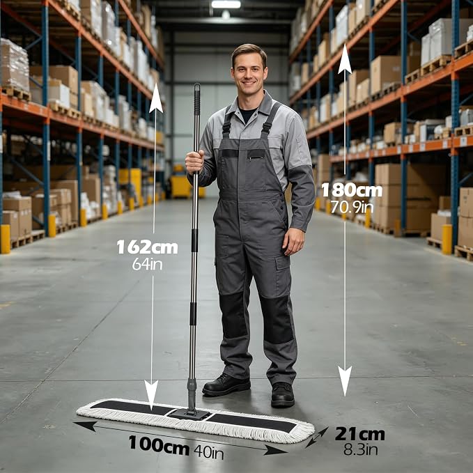 40" Commercial Dust Mop for Floor Cleaning, Heavy Duty Industrial Mop | Large Flat Mop with 64“ Long Handle, Push Mop with 2 Mops Pads, for Hardwood, Tile, Gym, Office, Mall, Warehouse