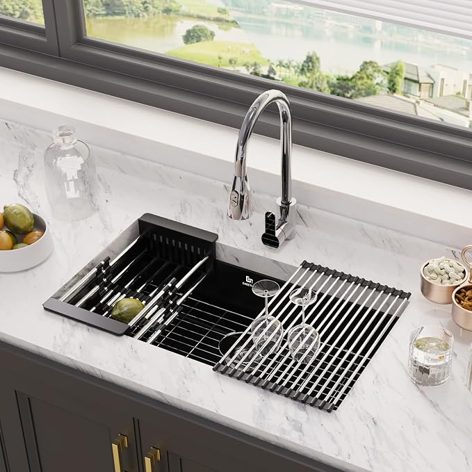 32-inch Granite Composite Kitchen Sink, GABETLET Undermount Quartz Kitchen Sinks with Spacious Workspace and Easy Cleaning, Black Single Bowl Deep Sink with Complete Accessories