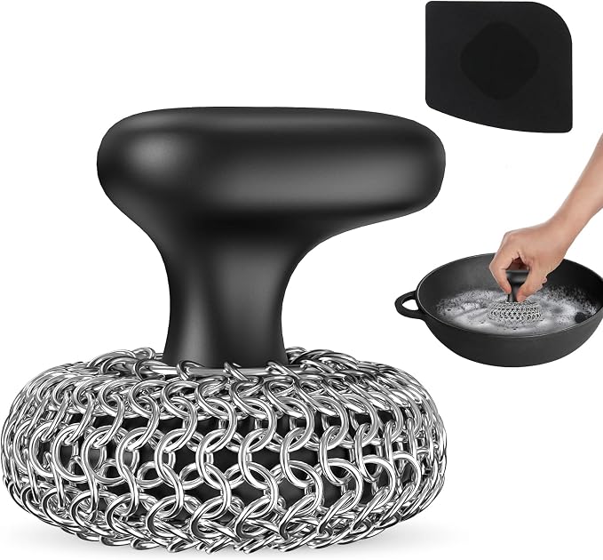 Cast Iron Scrubber Dish Scrub Brush 316 Chainmail Scrubber for Cast Iron | Dish Scouring Pad, Dishwasher Safe, Chain Mail Scrubber Cast Iron, Cleaning Kit, for Pan Skillet, Black