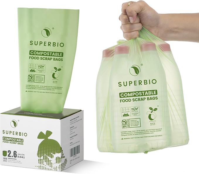 SUPERBIO 2.6 Gallon Compostable Food Waste Bags, 100 Count, 1 Pack | Flat Top Food Scrap Bags, 9.84L, ASTM D6400, Certified by BPI and OK compost HOME