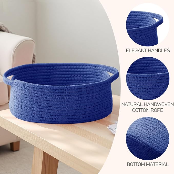 JMvicyroam Small Woven Basket, Empty Gift Basket, Navy Blue/1 Pack | Small Gift Basket, Cotton Rope, 12 x 8 x 27 in, Handles, Includes Ribbon and Bag, Birthday Gift Basket
