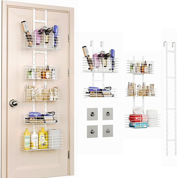 Yuyetuyo 5-Tier Over The Door Organizer Bathroom Shelves Hair Tool Organizer - Hair Dryer Holder Adjustable Height, DIY Bathroom Storage Shelf Wall Mounted Behind The Door Storage