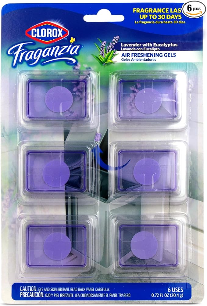 Clorox Fraganzia Stick-On Gel Fresheners, Lavender Eucalyptus, 6 Count | No-plug, battery-free odor absorber lasts up to 30 days; for trash cans, kitchens, and closets
