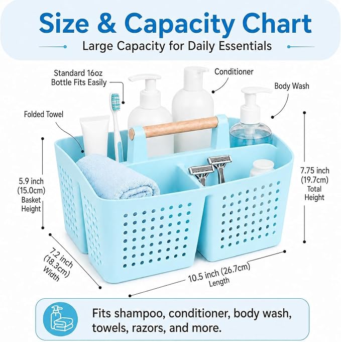 Portable Shower Caddy Basket with 3 Compartments and Handle, Light Blue | Plastic Divided Toiletry Organizer for Bathrooms, Guest Rooms, Spa Areas, Skincare, Pools, Vanities and Dorms