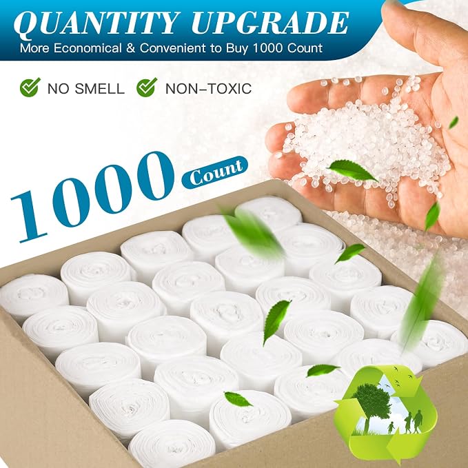 Charmount Small Trash Bags 2-4 Gallon 1000 Count | Unscented White Plastic Wastebasket Liners for Bathroom, Mini Garbage Can or Bin