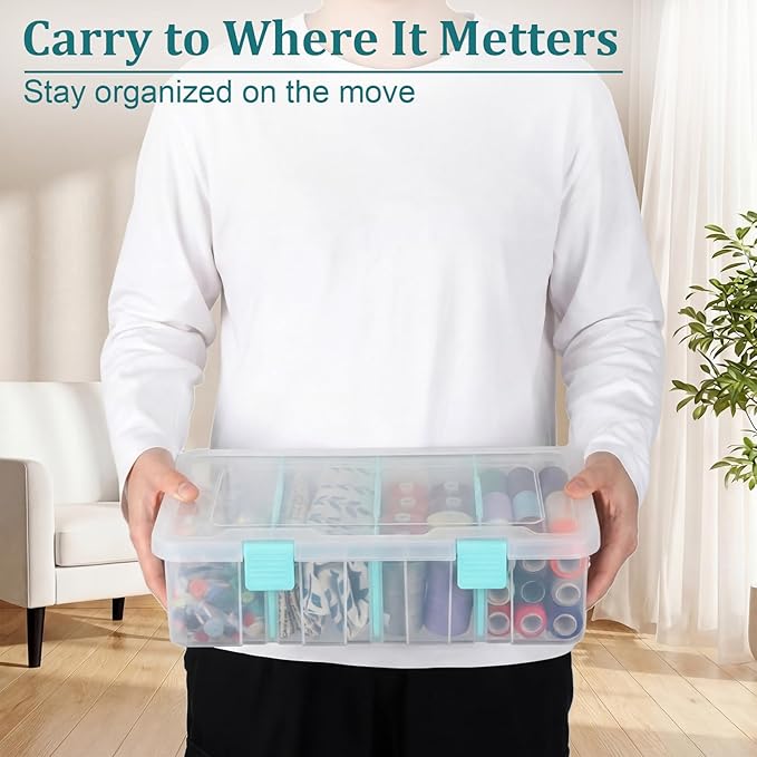 BTSKY Clear Plastic Dividing Storage Box with 4 Compartments Adjustable Storage Bin with Lid Plastic Craft Storage Container Multipurpose Sewing Box Art Supply Organizer, 13.3x8.1x3.4 Inches | 13.3x8.1x3.4 Inches Adjustable Storage Bin with Lid Plastic...