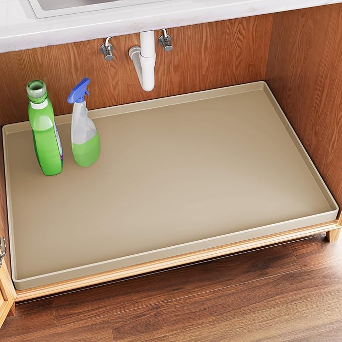 FLATO Waterproof Under Sink Mat, 19" x 19", Beige | Shelf Liner for Kitchen and Bathroom, Cabinet Protector, Organizers and Storage, Flexible Silicone Drip Tray
