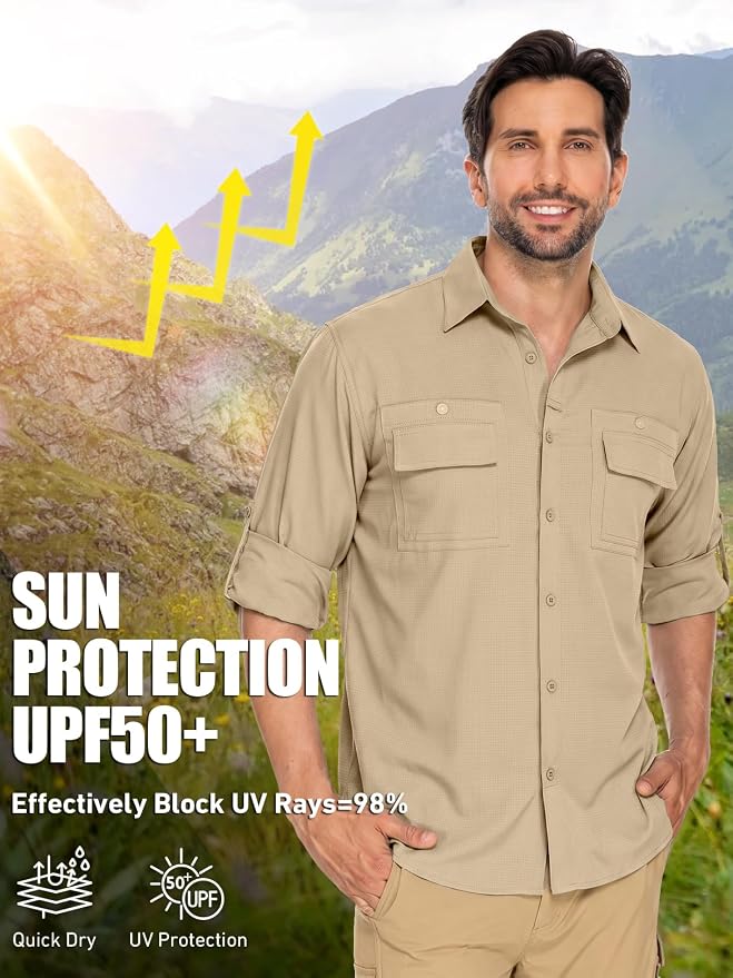 linlon Men's Safari Shirt UV Sun Protection Long Sleeve Hiking Travel | Button Down Mesh Back Vents UPF 50+ Quick Dry Breathable Cool Lightweight Outdoor Travel Fishing Gardening Clothes