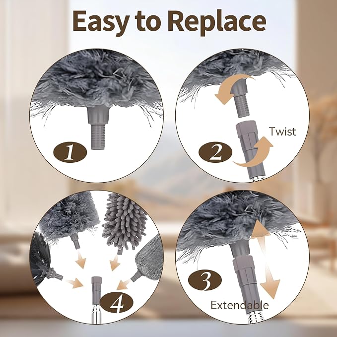 HAMEINY Microfiber Feather Duster for Cleaning 5-in-1 Kit 100" Extendable | Furniture Dusters with Extension Pole 100 Inches High Ceiling Fan Dusters Cobweb Duster for Car Wall Blinds Cleaning Dusting