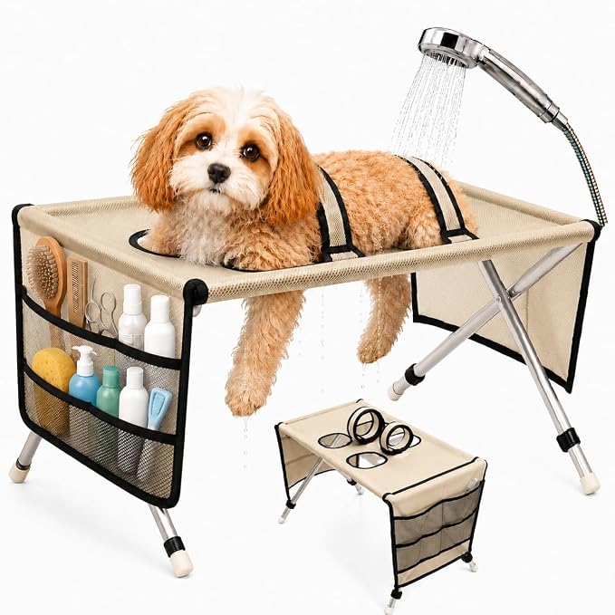 Dog Bath Hammock with Foldable Pet Bathing Stand (Upgraded Version - Khaki) | For bathing, paw cleaning, nail trimming and grooming Small/Medium Dogs in showers, laundry rooms and home pet care areas
