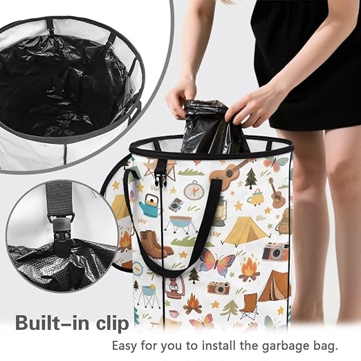 White Camping Trash Can Collapsable Cute Design Large Capacity Outdoor Garbage Can with Zipped Lid Water Resistant Trash Can Bags for Travel, Hiking, Outings