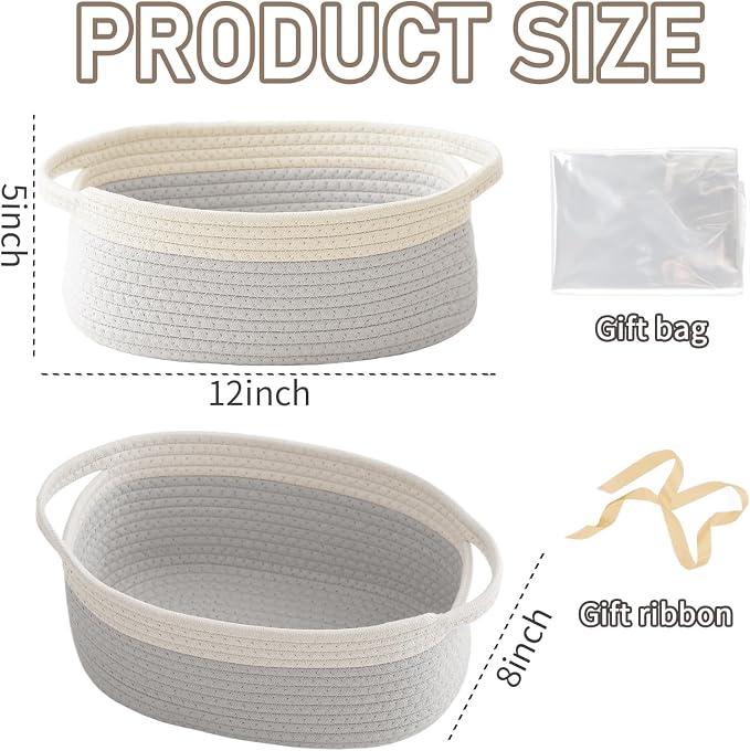 JMvicyroam Small Woven Basket, Empty Gift Basket, White&Grey/1 Pack | Small Gift Basket, Cotton Rope, 12 x 8 x 66 in, Handles, Includes Ribbon and Bag, Birthday Gift Basket