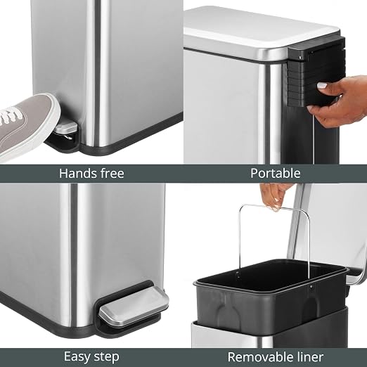 mDesign Slim Metal Rectangle 7.9 Gallon Trash Can with Step Pedal, Easy-Close Lid, Removable Liner - Narrow Wastebasket Garbage Container Bin for Bathroom, Bedroom, Kitchen, Office - Brushed Chrome