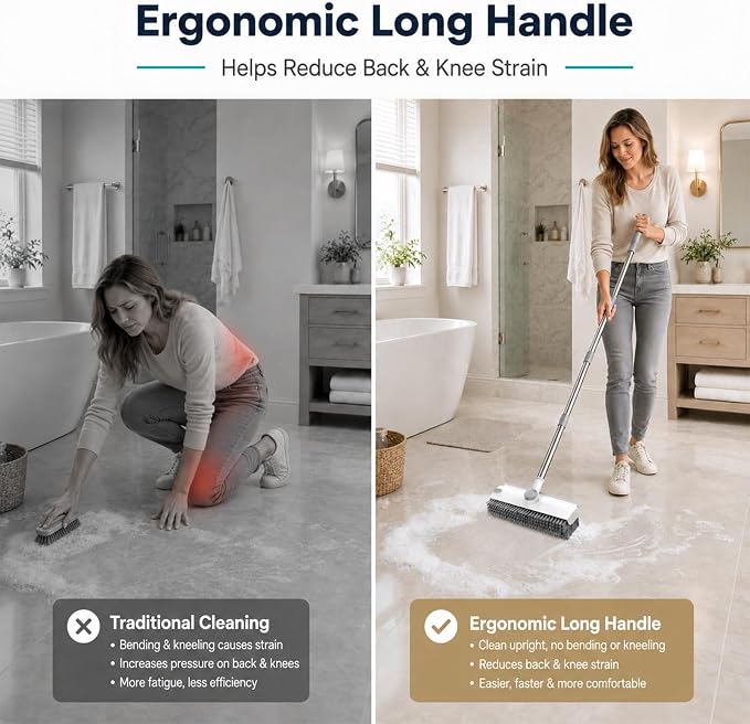 Ceruaxb Floor Scrub Brush with Long Handle, 3 in 1 Floor Scrubber, White | Stiff Bristles, Built-In Squeegee and Hidden Tweezers for Shower, Tile, Grout, Kitchen, Patio, Garage and Deck Cleaning