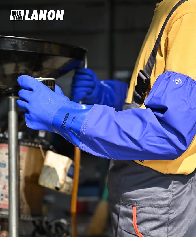 LANON 26" Elbow Length PVC Chemical Resistant Glove,Waterproof,Blue,Large | Waterproof,Long Sleeve Work Gloves,Cotton Liner(Excluding Sleeves),Non-Slip Grip,Heavy-Duty,Acid,Alkali & Oil Protection