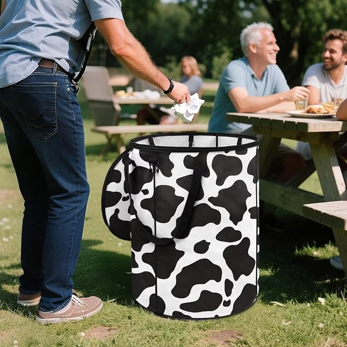 Cow Print 24 Gallon Large Capacity Collapsible Trash Can with Lid and Handles Outdoor Camping Waster Bag Garden Leaf Bin/Laundry Hamper/Childrens Toy Bin