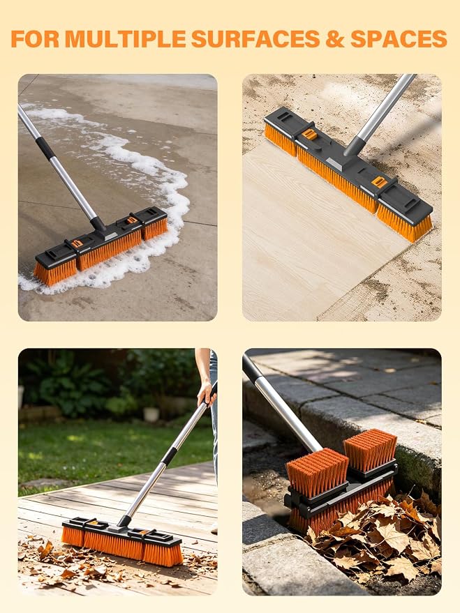 18.5" Push Broom Outdoor Heavy Duty Stiff Bristle Shop Broom with 57" Stainless Steel Long Handle Foldable Head for Corner Floor Cleaning Garage Patio Deck Concrete Indoor and Outdoor Broom