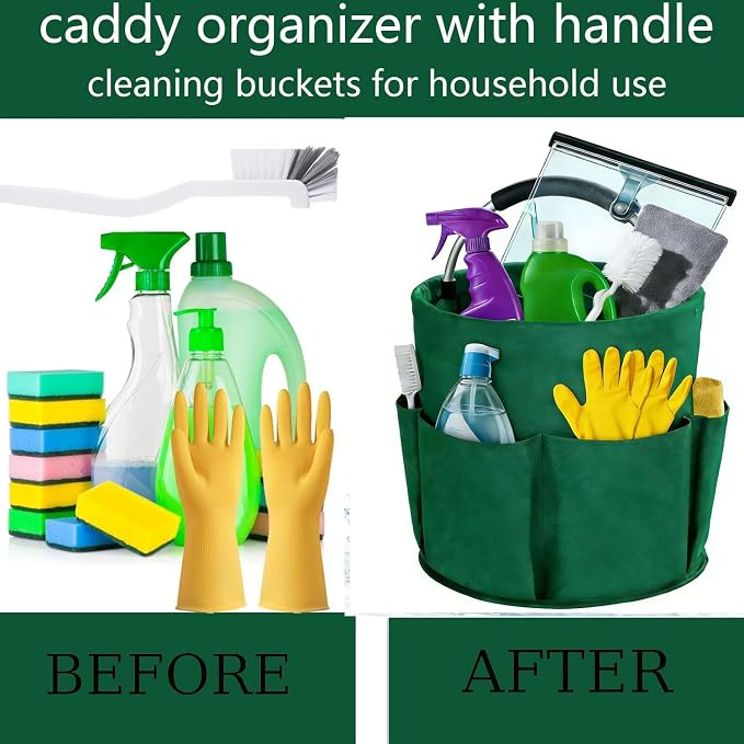 17L Waterproof Cleaning Supply Caddy 600D Foldable Storage Basket Green | Oxford Fabric Garden Tool Organizer Bag+6 Pockets Multifunctional Organiser Mop Bucket for Bathroom, Garden,Camping& Fishing
