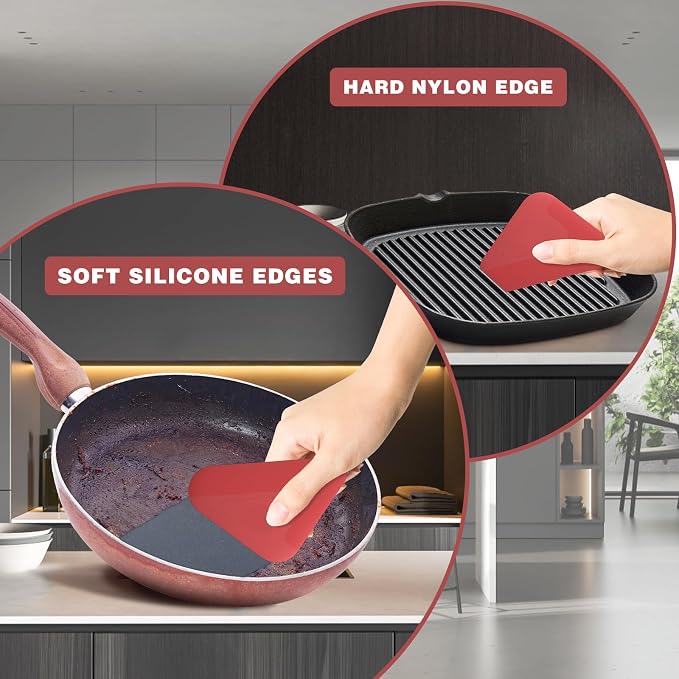 Food Scraper Dish Scraper for Cast Iron Skillets, Cookware, Pans and Pots | Nylon and Silicone, 2-in-1 Kitchen Scraper Tools, Pan Scraper, Heat resistant to 140 ℉, 3 Pack, Red