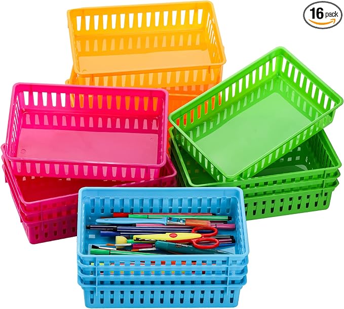 16 Pack Classroom Storage Baskets Bins, Small Plastic Organizer Basket, Colorful Storage Trays, Crayon Pencil Containers for Paper, Desk, Shelf, Home School Office, 10.2" L x 6.5" W x 2.4" H