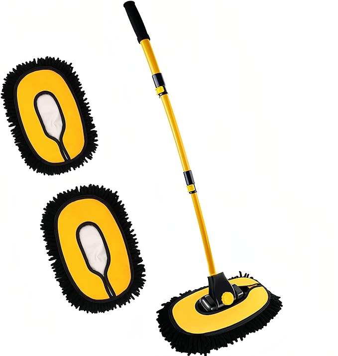 Mveqrrn15°Curved Chenille Car Wash Brush, Extendable Long Handle Mop-Yellow | car wash mop, cleaning brush supplies, microfiber replacement head, Car Wash accessories for cars trucks RV