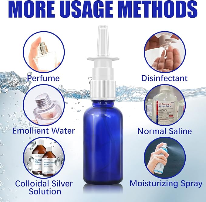 Cupohus Nasal Spray Bottle, 3 Pcs 30ML/1oz Cobalt Blue Glass Refillable Fine Mist Sprayers Atomizers, Travel Sized, Empty Nasal Sprayer with Funnels and Labels