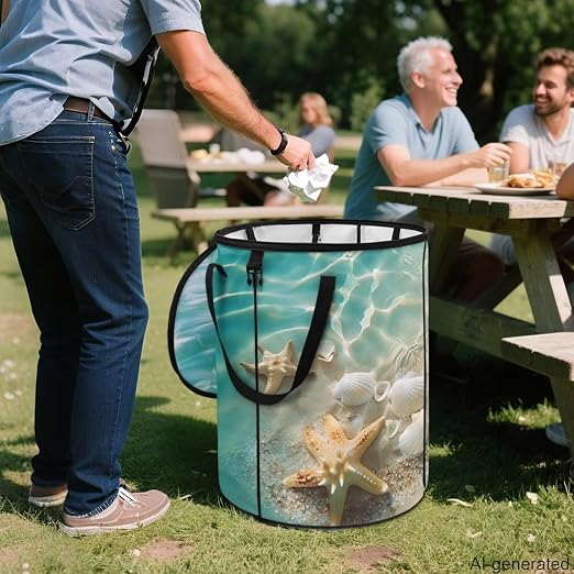 Beach Starfish Shell Pop up Outdoor Garbage Can 24 Gallon Collapsible Camping Trash Can with Zipper Lid Reusable Heavy-Duty Polyester Trash Bin for Campsites Boat Backyard Parties