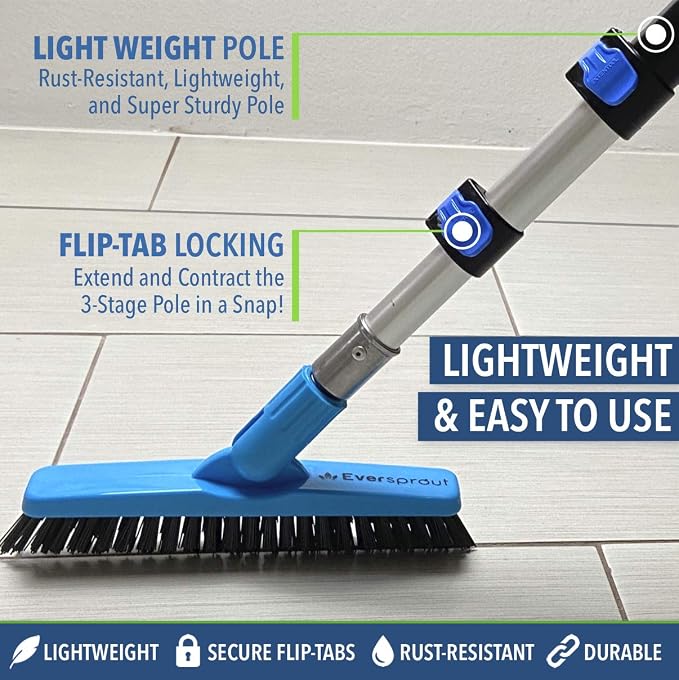 EVERSPROUT 1.5-to-3 Foot Grout Brush Scrubber Pro w/Long Handle Pole | Stiff V-Shape Bristles Built for Corners & Tough Grime | Swivel Design Cleans Shower Tile, Kitchen, Bathroom, Outdoor Concrete