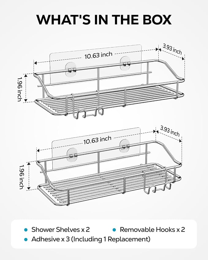 Nieifi Shower Caddy Adhesive, Shower Shelves, Shampoo Holder for Bathroom | Stainless steel, 2 pack, shower rack, shower organization, with hooks, rustproof, no drilling, razor holder, silver