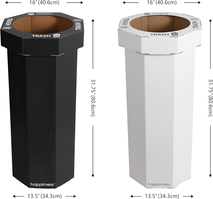 happimess Fleur 25 Gal Trash Can Bin, Charcoal Black/Cotton White, Set of 2 | Event Recycling, Traditional Classic Disposable Corrugated Cardboard, 32" Height, 16" Width, 16" Depth