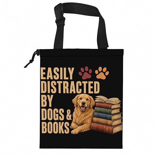 Golden Retriever Book Car Garbage Bag Canvas Trash Can | Easily Distracted by Dogs and Books Drawstring Car Trash Bag Hanging for Back Seat with Adjustable Buckle