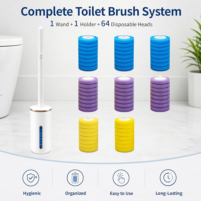 Disposable Toilet Brush with 64 Disposable Heads (Toilet Brush + 64Refills) | Opaque Flip-Top Toilet Brush and Holder Set, Toilet Bowl Cleaner Wand for Bathroom Cleaning