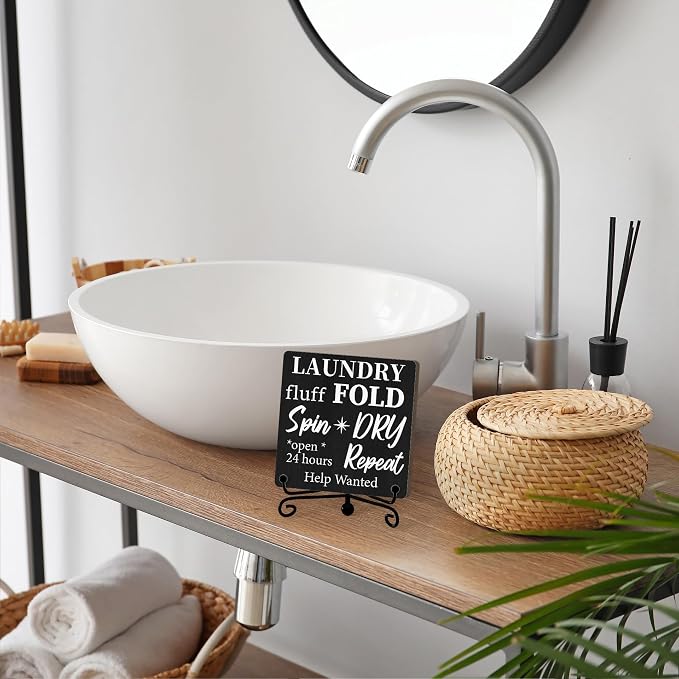 Laundry Room Sign, Washing Room Desk Decor, Laundry Fluff Fold Spin Dry Sign, Farmhouse Shelf Decor, 01
