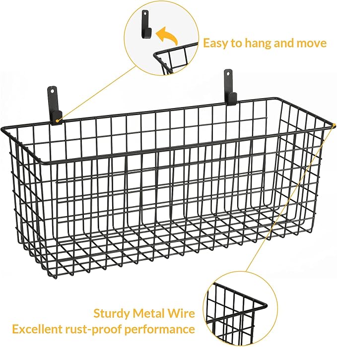 2 Sets Black Extra Large Hanging Wall Basket with Steel Hooks | Metal Wire Baskets for Organizing, Wallmounted Fruit Vegetable Toy Snack Storage, Home Kitchen Bathroom Laundry Pantry