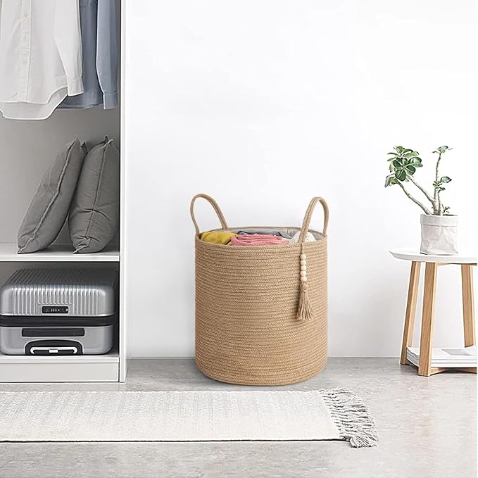 Mkono Woven Storage Basket for Blanket, Toys Plant Organizer, 15"W x 17.7"L | Brown, Jute, 51L Large Capacity, Shipped Folded with Reshape Guide, Soft Woven Bin for Blankets Toys Plant Pot Cover