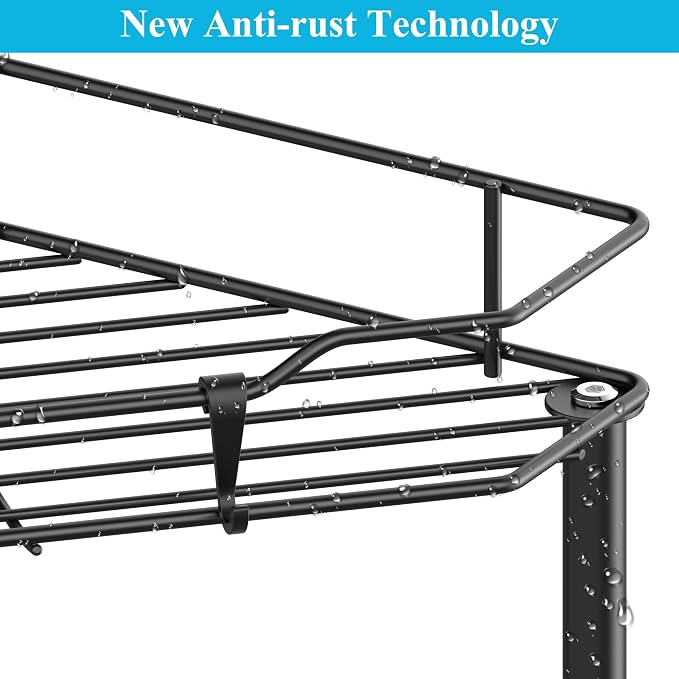 HuggieGems Metal Floor Standing Corner Shower Caddy, Matt Black, 3 Tier | Adhesive Bathroom Organizer Shelves, Free Standing Shower Rack with Hooks, Hold Large Shampoo Bottles