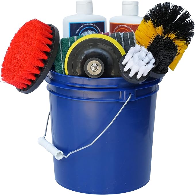 Diamond Shine 20-Piece Hard Water Stain Cleaning Kit – Drill Brushes, Bucket & Lid, Scouring Pads & Diamond Cleaner for Tile, Bathroom, Shower Glass & Chrome