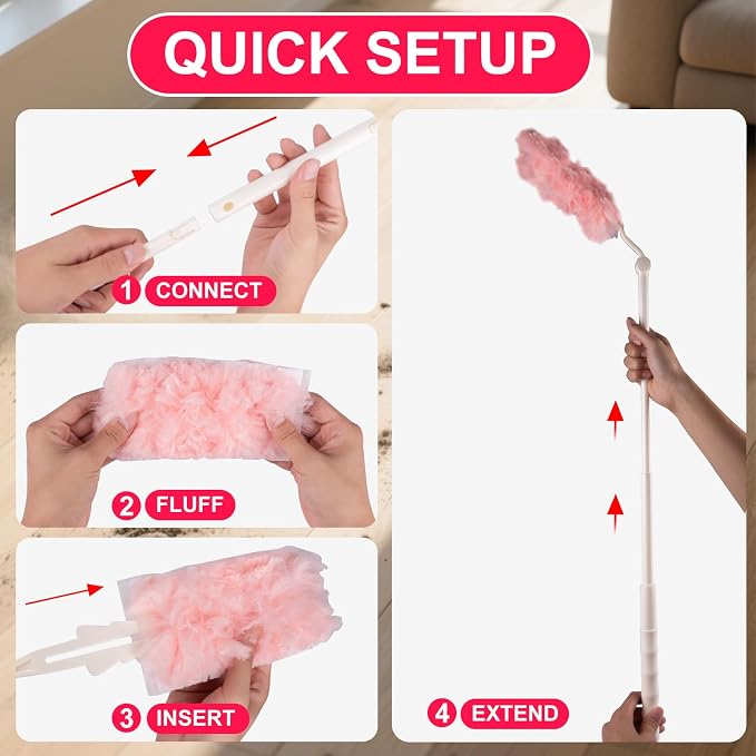 ITTAR 30 Count Duster Refill kit, Dust Cleaning Supplies with Extension Pole, Fan Feather Dusters with 2 Types Handle for Cleaning Home, Celling Fan, Blinds, Furniture, Vent & Shelves-Pink