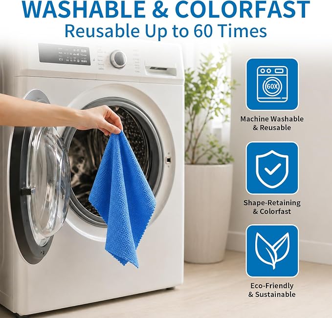 WETQUEEN Upgrade 60 Pack Microfiber Cleaning Cloth Roll - 11.8" x 11.8" Bubbled Reusable Rag for House, Kitchen, Car & Window - Tear Away Dish Rags & Wipe - 1 Roll Replaces 50 Paper Towels - Blue