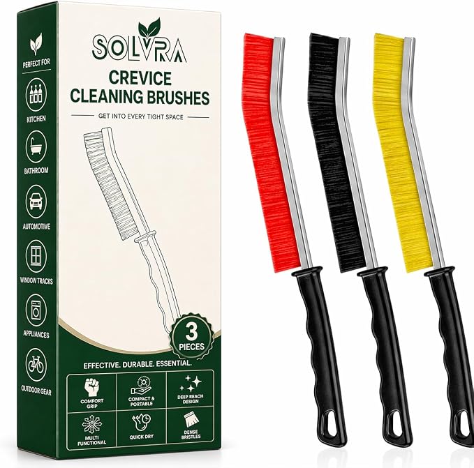 Crevice Cleaning Brush Set 3Pcs Hard Bristle Tools for Narrow Spaces | Includes Red, Black & Yellow Grout Scrub Brushes for Tile Floors, Bathroom, Shower, Window Tracks & Kitchen Cleaning.