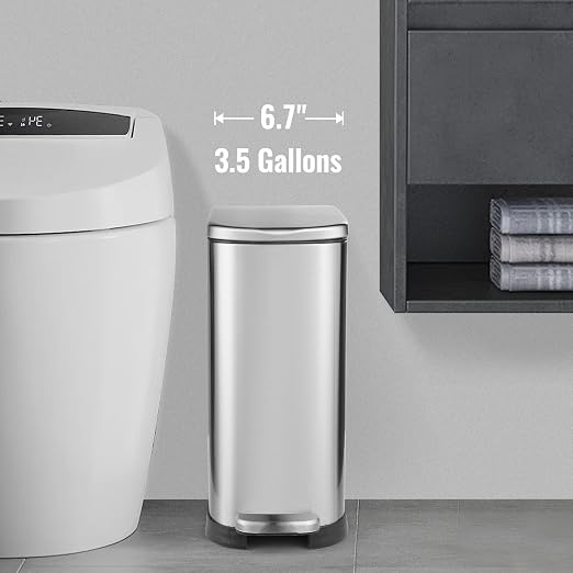 SYNCVIBE Bathroom Trash Can with Soft Close Lid 3.5 Gallon Silver | Stainless Steel Garbage Can with Removable Inner Bucket Slim Trash Bins with Step Pedal for Bedroom, Office