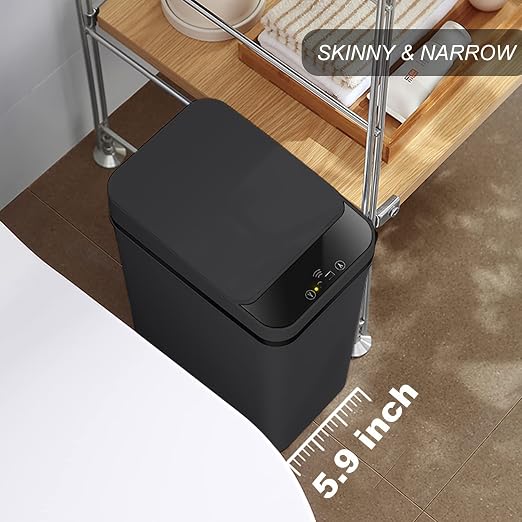 Touchless Bathroom Trash Can - 2.5 Gallon Smart Trash Can Sensor Motion | Skinny Trash Bin with Lid - Electric, Narrow, Plastic, Auto Open - Small Slim Automatic Garbage Can ( Black )