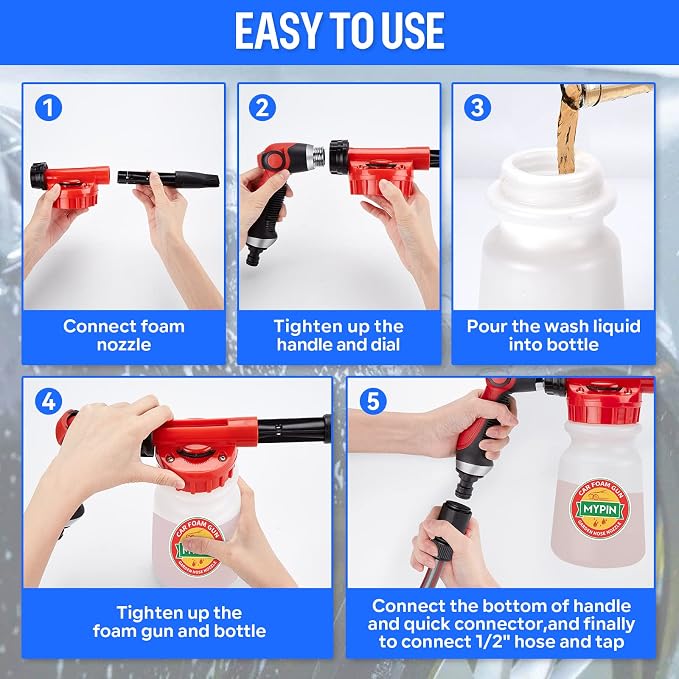 Car Wash Foam Gun/Hose Sprayer, 16 IN 1 Foam Cannon for Car/Garden Cleaning | Adjustable Sprayer with 2.5-6 Bars Foam Blaster, 1L Bottle, Nozzles, Mitten&Towel, 1/2” Quick Connector for Garden Hose